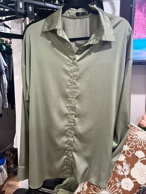 SHEIN Olive Green Satin Button-Down Blouse
